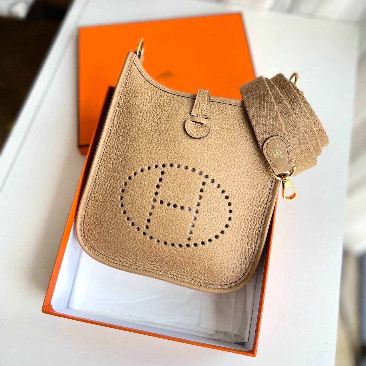 New in Box Hermes Mini Evelyne Gold Crossbody Bag with Gold Hardware