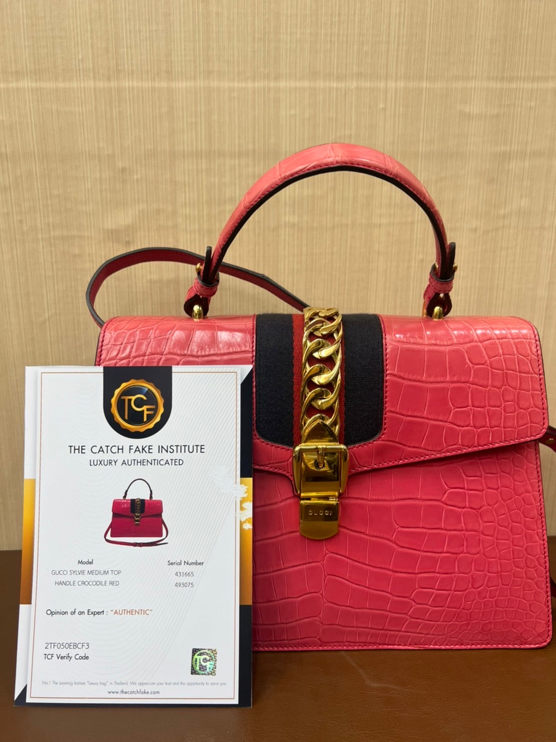 Gucci Sylvie Crocodile Top Handle Bag in Red