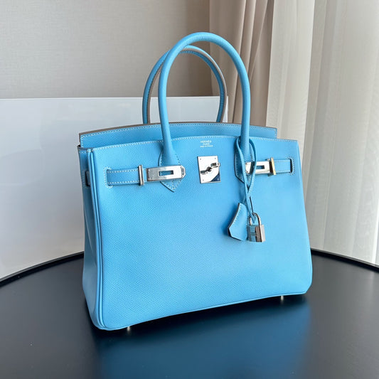 Preloved Hermes Birkin 30 Candy Blue Celeste inside Mykonos Epsom with PHW