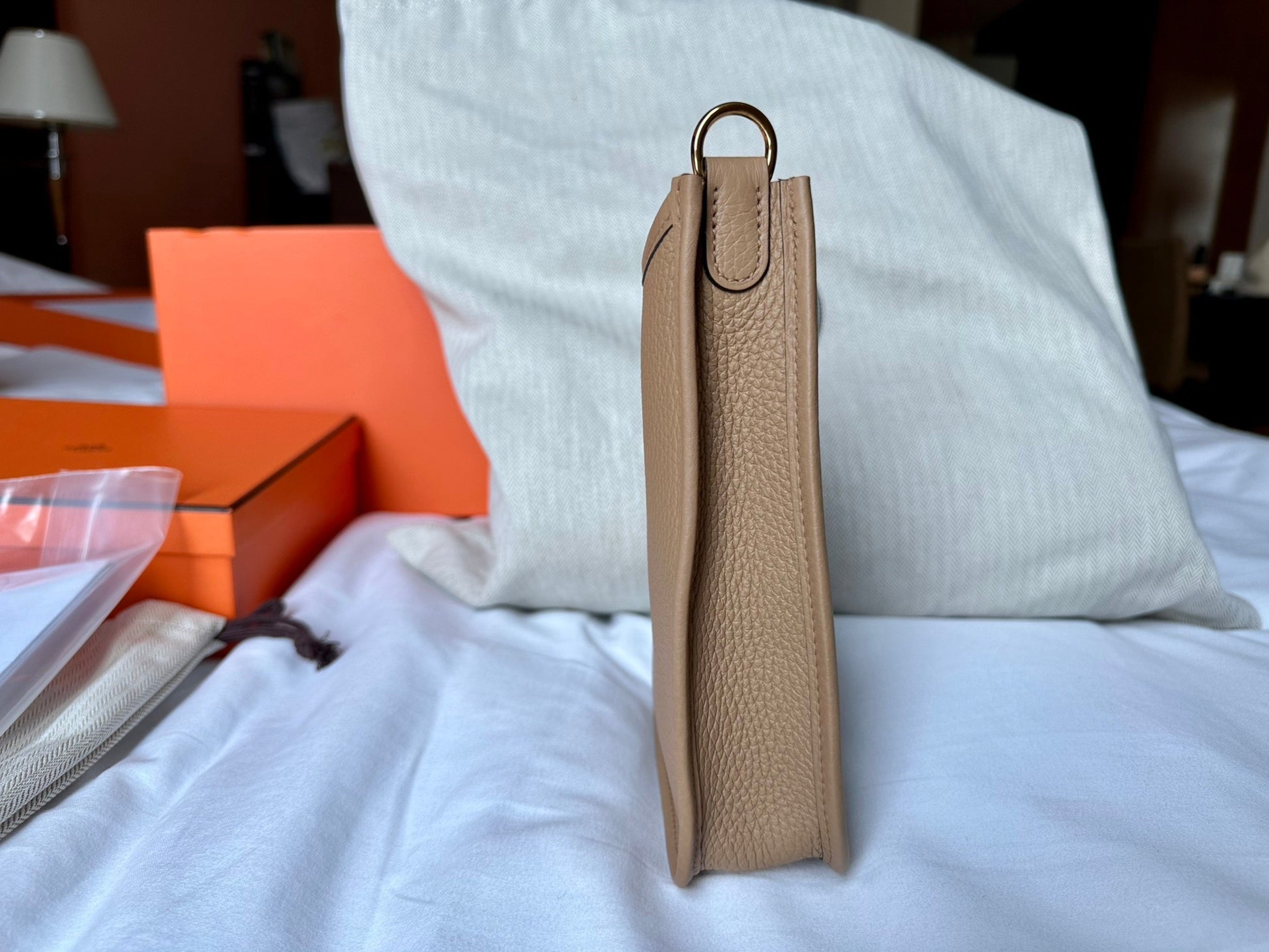 Hermès Evelyne Trench Clemence Mini TPM 16 Gold Hardware, 2022 (Like New), Beige Womens Handbag