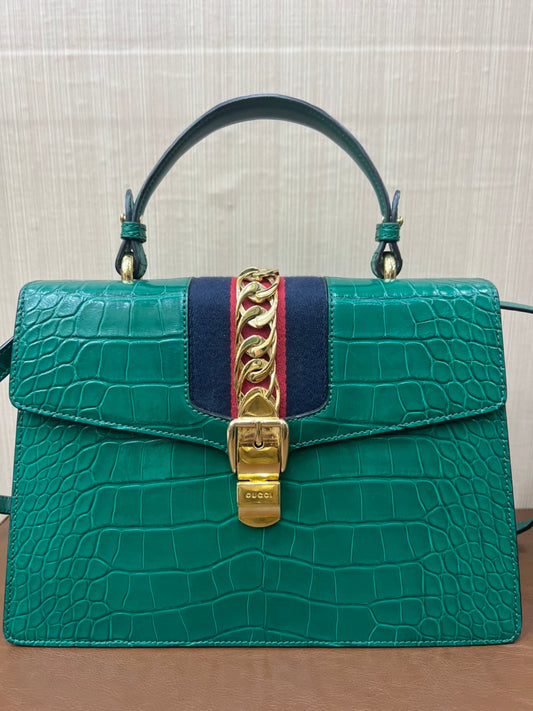 Preloved Gucci SYLVIE Top Handle Crocodile Green Color with GHW