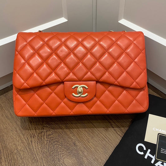 Preloved Chanel Classic Jumbo Coral Lamb with GHW